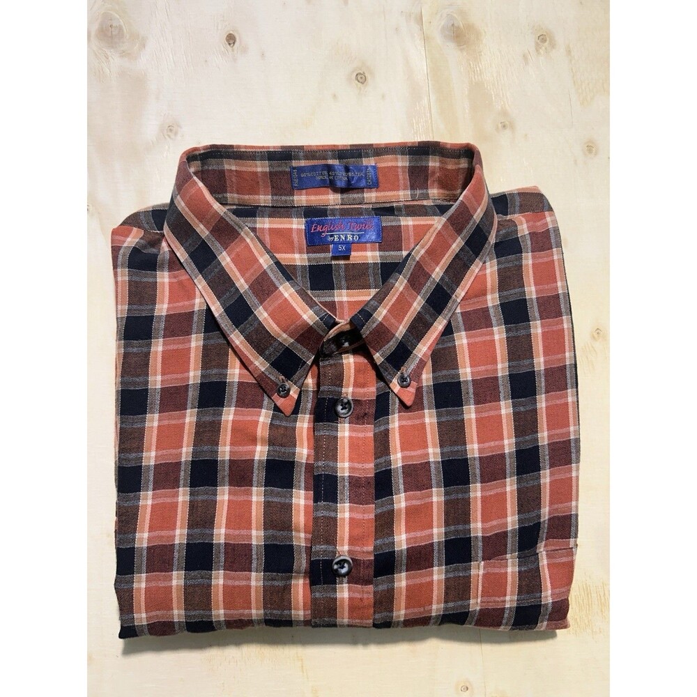 Enro English Merit Shirt 5X Big & Tall Plaid Button Down Long Sleeve Orange Navy